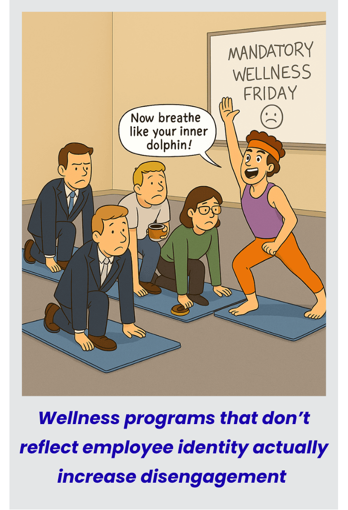 Cartoon showing mandatory wellness Friday with office workers reluctantly doing yoga - illustrating wellness programs that don't reflect employee identity