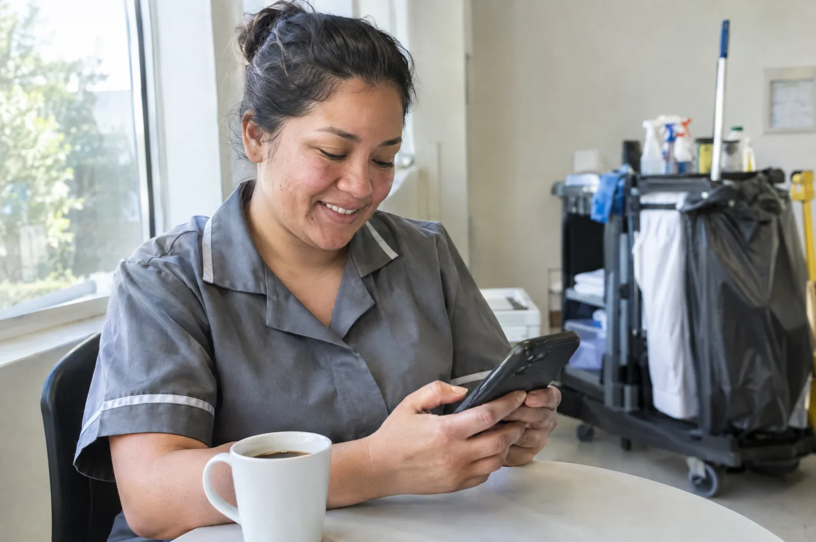 A housekeeper on her break with a coffee and her phone