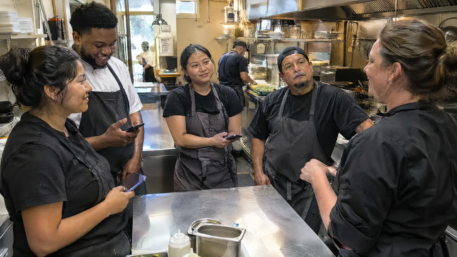 A kitchen team gathered before the shift, some on their phones